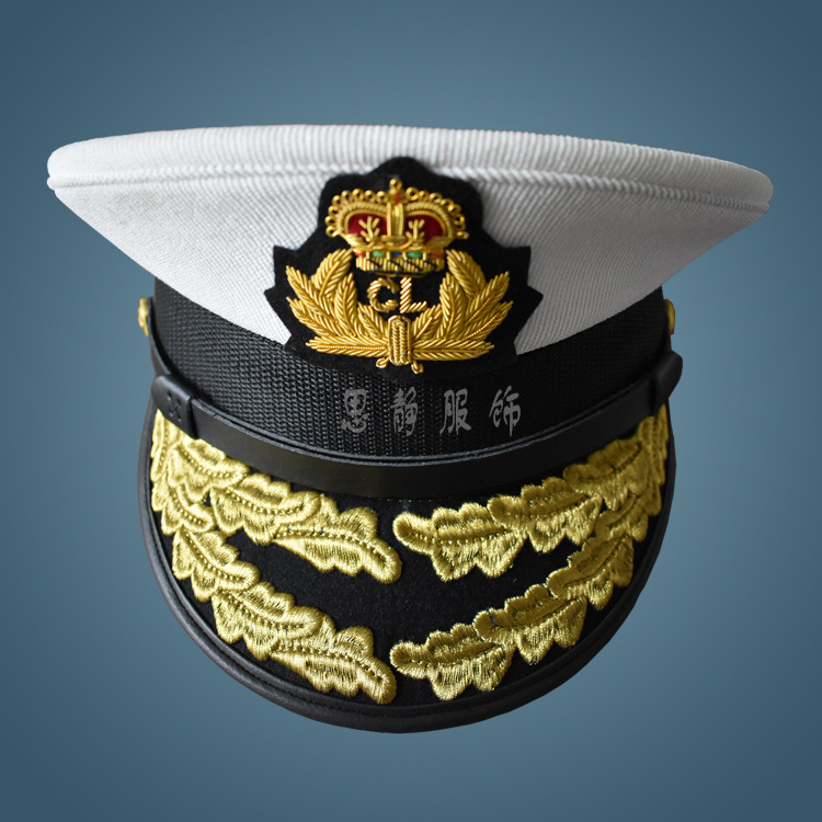 金线凸绣船员大盖帽白色坑条绒布海员大沿帽印度丝绣花帽微船长帽|ms