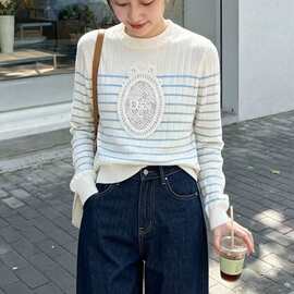26秋冬新款名媛风轻奢撞色条纹字母贴布绣修身显瘦套头长袖针织衫