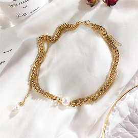 欧美简约双层锁骨链女珍珠金色链条多层几何网红潮时尚项链