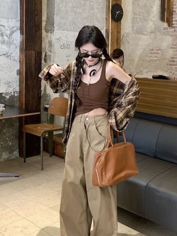美式复古咖色格子长袖衬衫女秋季美拉德穿搭休闲开衫格纹衬衣外套|undefined