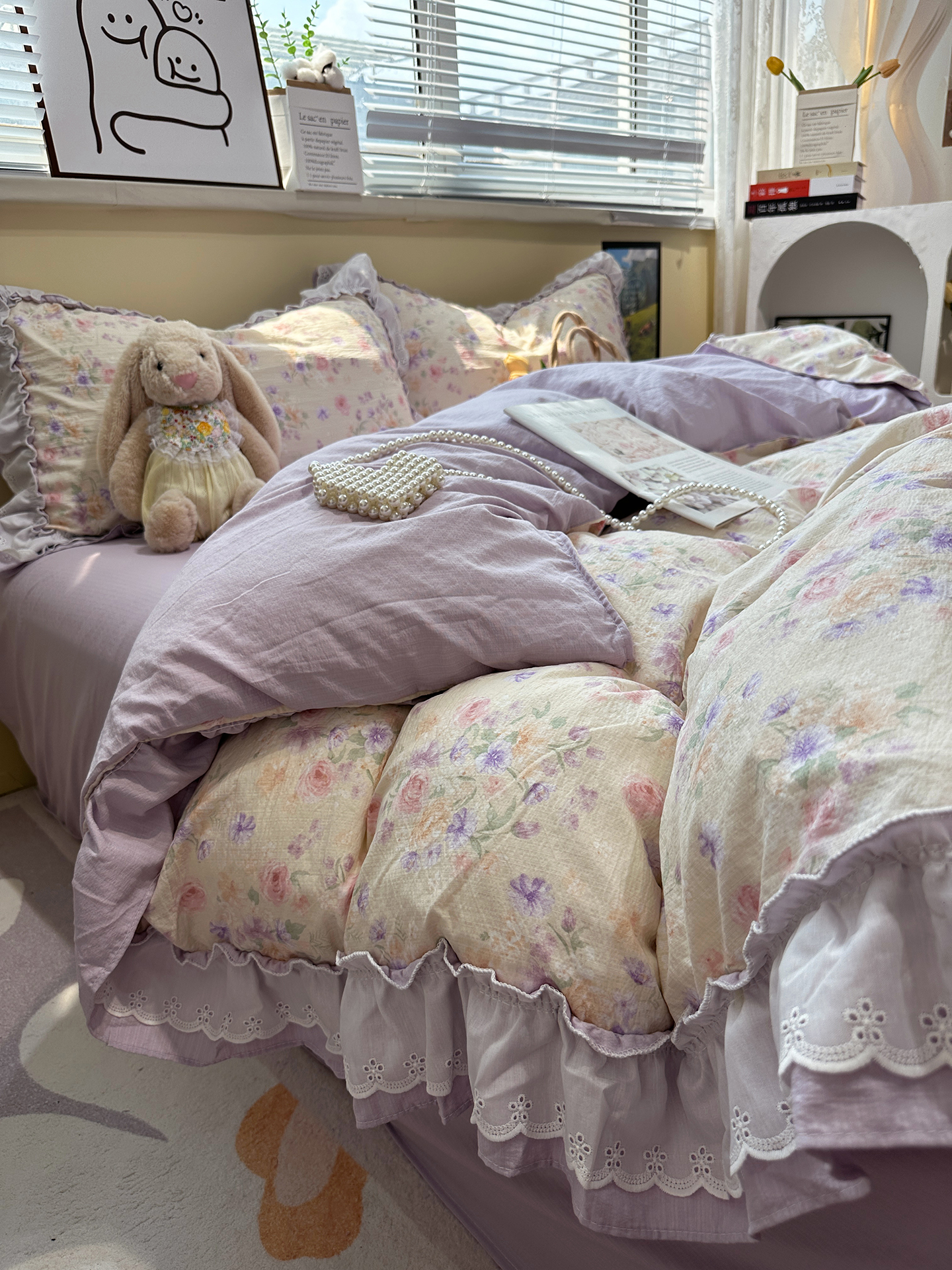 Ensemble quatre pièces en pur coton, style bohème vintage français nordique, housse de couette et drap-housse bordés de dentelle, trois pièces._voghion.com