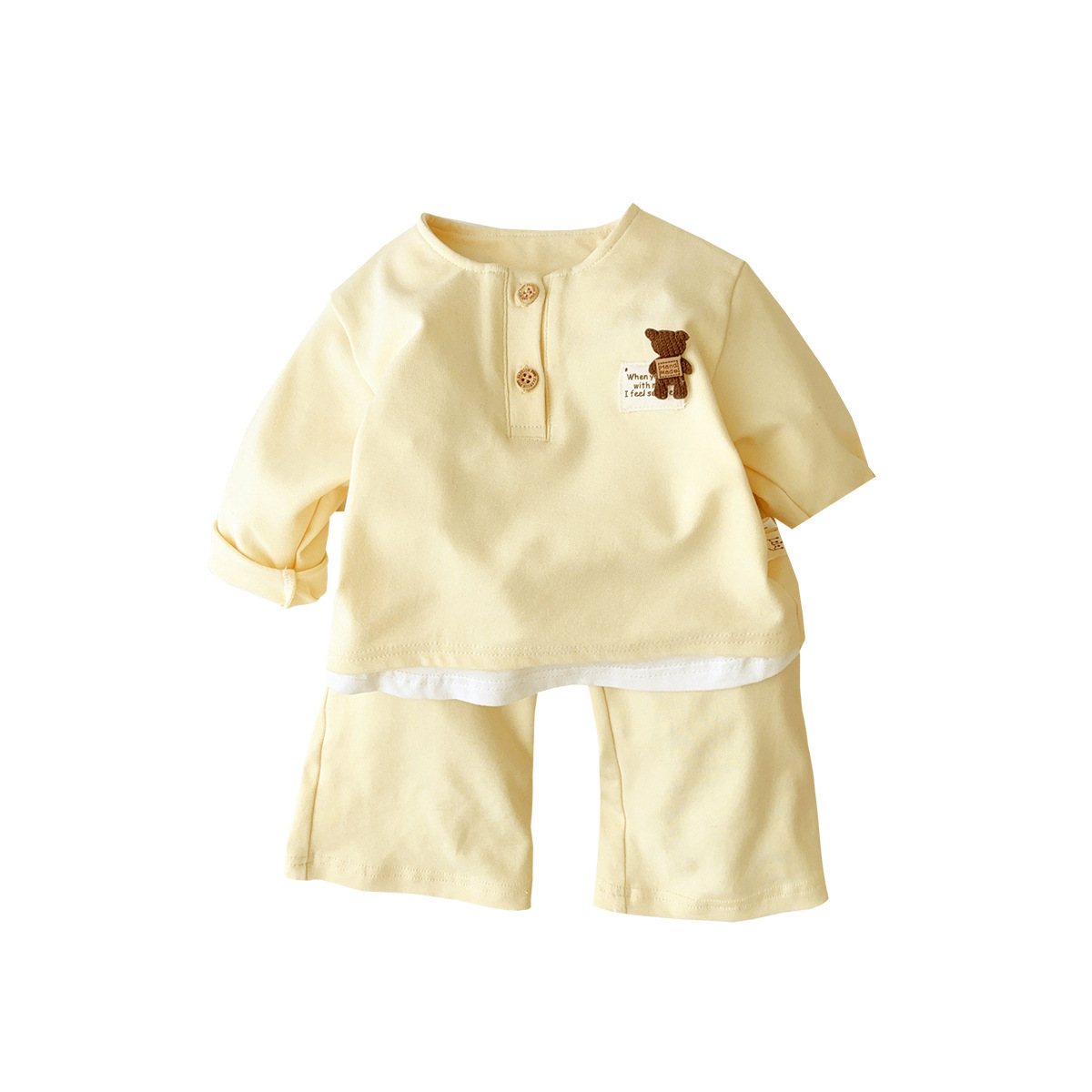 Ropa para niños coreanos primavera y otoño nuevos productos traje de bebé femenino color sólido lindo oso suéter suéter pantalones traje de dos piezas