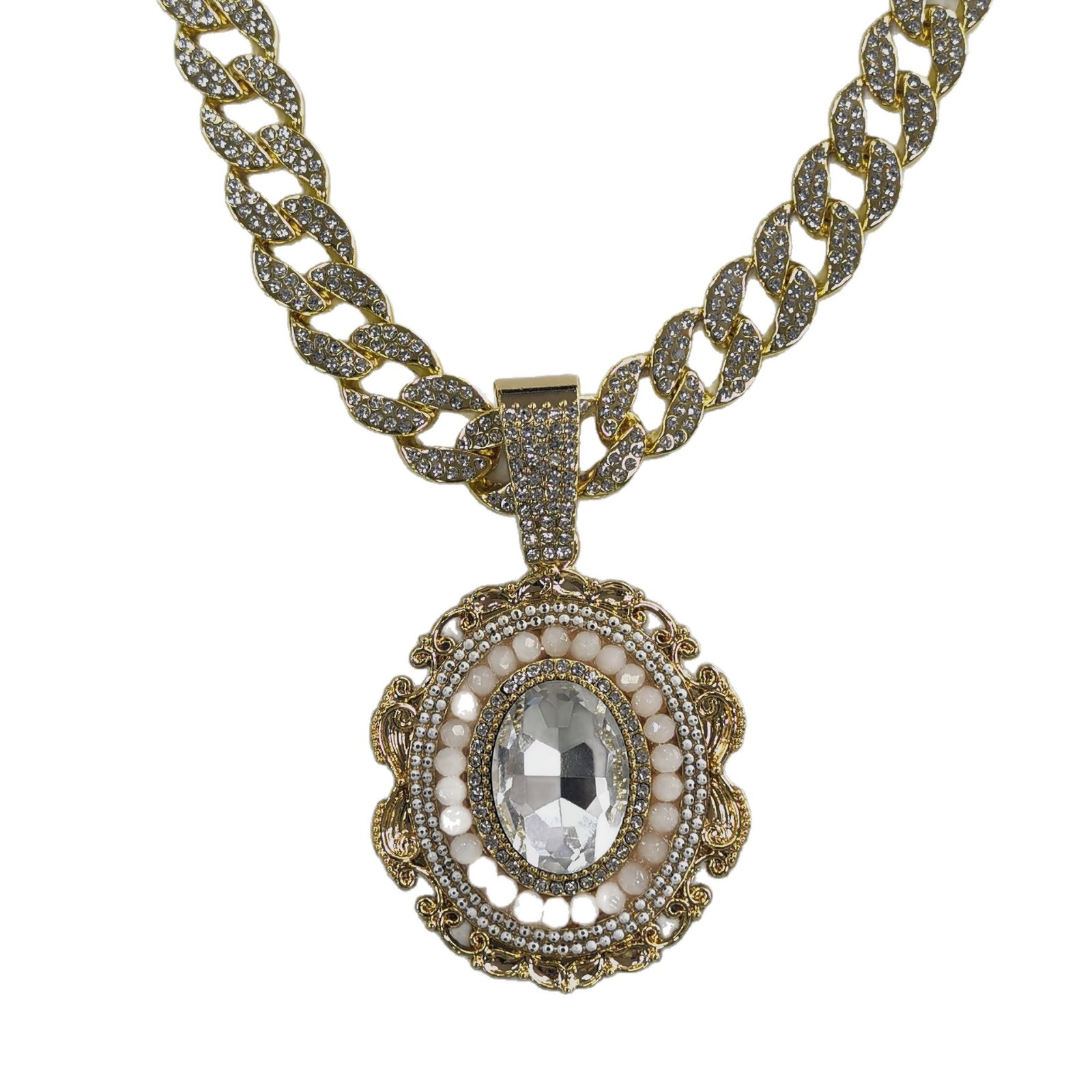 Europa y los Estados Unidos Hip-Hop aleación de diamantes de cadena de Cuba estilo de palacio colgante de gemas elípticas de moda de club nocturno para collar de hombre personalizado