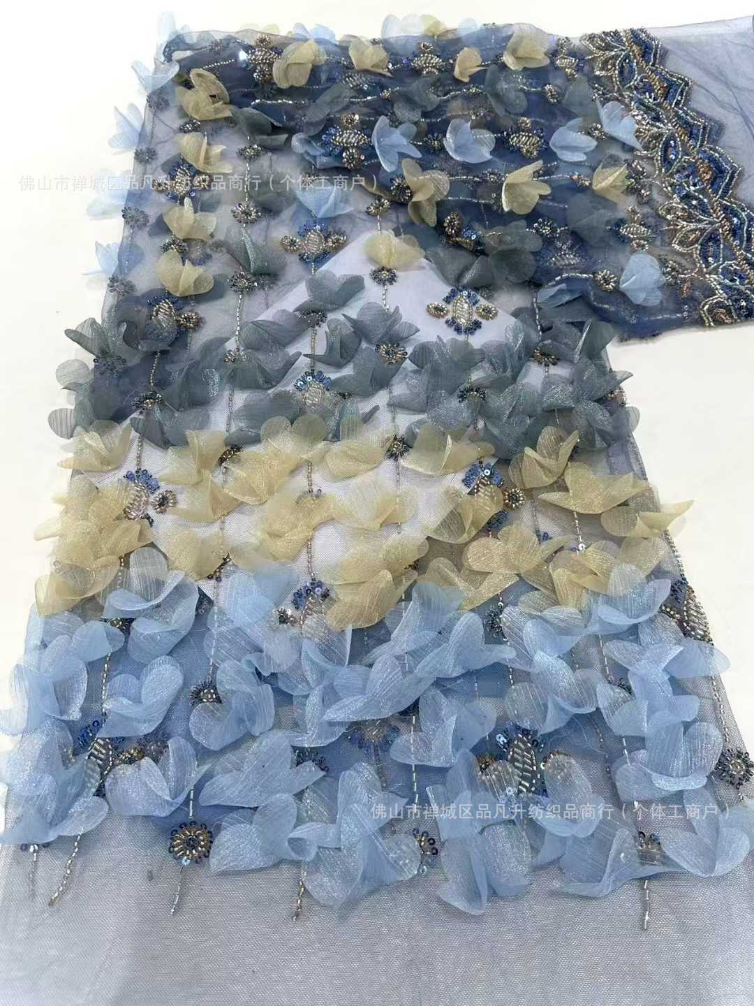 Flor de encaje vestido de boda tela de cola de tela de malla sequin bordado falda de tela de bordado de tubo de perlas de alta fijación