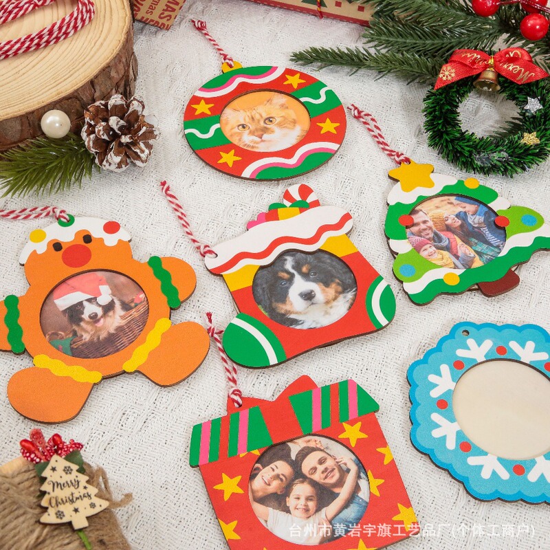 Cross-Border Christmas DIY Coloring Wooden Photo Frame Pendant Cartoon-Shaped Photo Ornament Christmas Tree Decoration Accessories