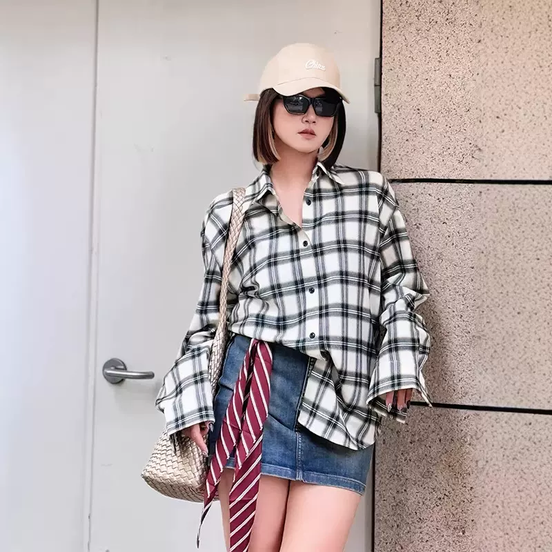 2026春季新品格纹绵羊毛混纺磨毛宽松中性衬衫女式休闲打底上衣