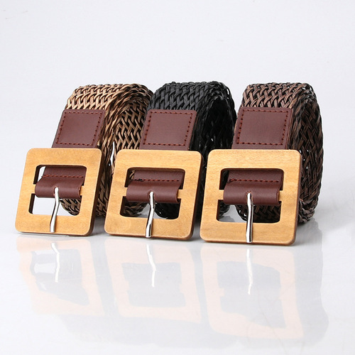 Women's simple ins style wooden buckle retro woven belt Korean style fashion dress decorative belt women's girdle