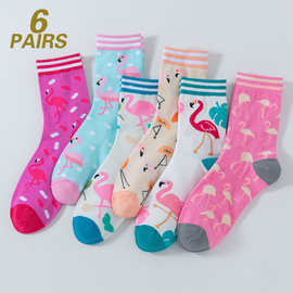 6双装卡通火烈鸟潮袜棉袜女士female teeth socks青少年潮袜跨境