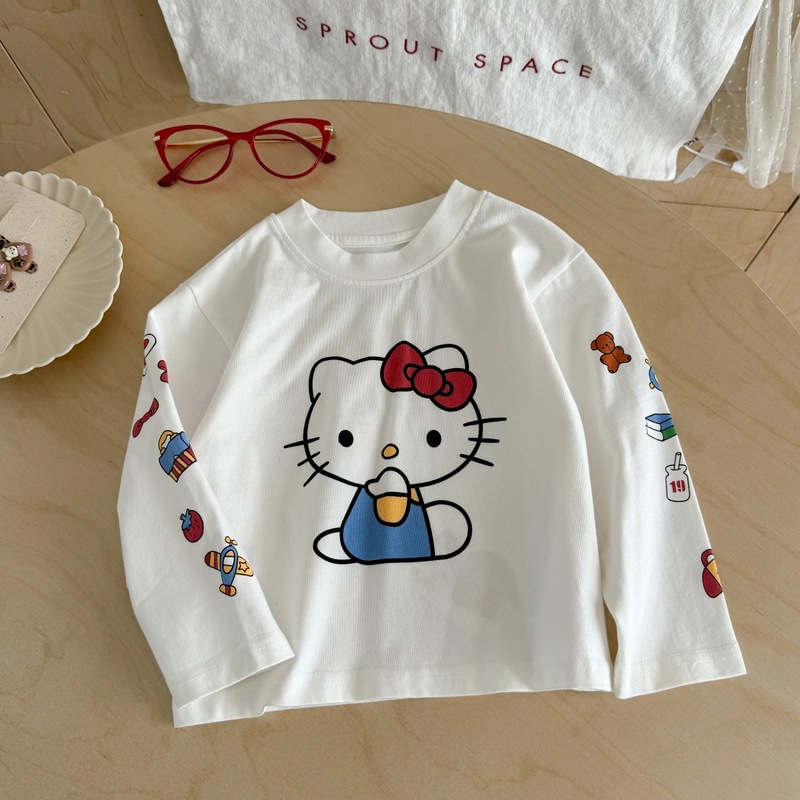 柠里女童秋装卡通长袖T恤女宝宝春秋Kitty猫打底衫儿童上衣童装t|undefined