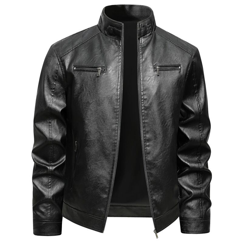 Spring and Autumn New Versatile Zip-Up Leather Jacket with Stand Collar, Large Size Men's Fashion Trendy Solid Color Oversized Cardigan Spring and Autumn New Versatile Zip-Up Leather Jacket with Stand Collar, Large Size Men's Fashion Trendy Solid Color Oversized Cardigan