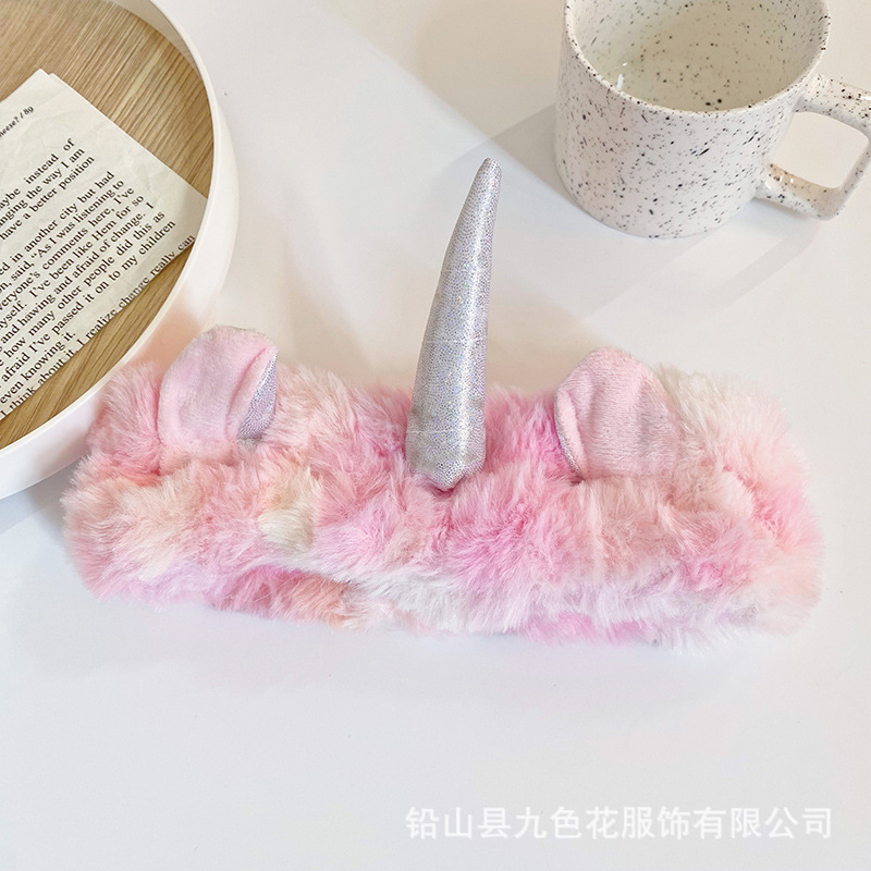 Europa y América tie-dyed unicornio banda de pelo de las mujeres tocado FIESTA DE Navidad de ala ancha lavado de cara banda de pelo ventas directas de la fábrica