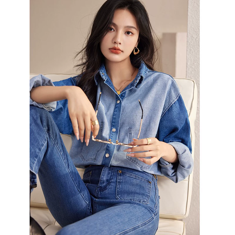 2024 осень новый # ретро персонализированная джинсовая рубашка с длинными рукавами