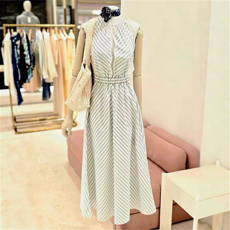 Celebrity-Inspired 26 Summer French-Style Backless Sleeveless Dress with Exquisite Mesh Trim, Round Neck, Cotton Striped Dress