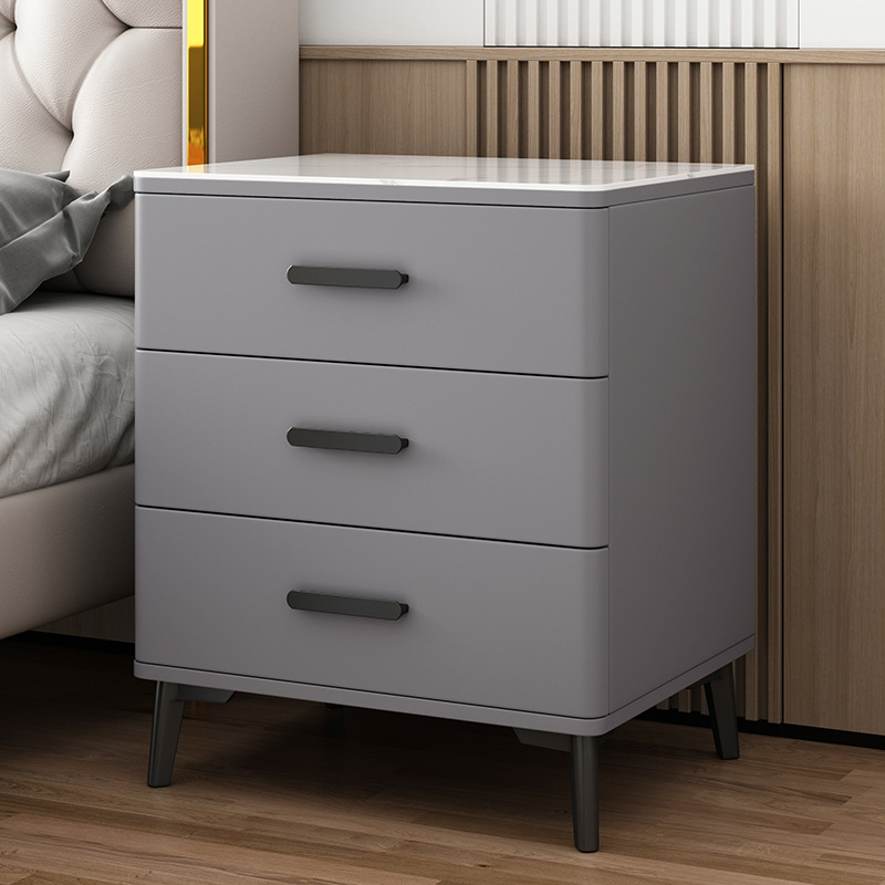 Mesita de noche con tres cajones de madera maciza, tablero de roca, estilo moderno y sencillo, gabinete elevado de tres niveles, gabinete de almacenamiento para dormitorio principal, acabado lacado.