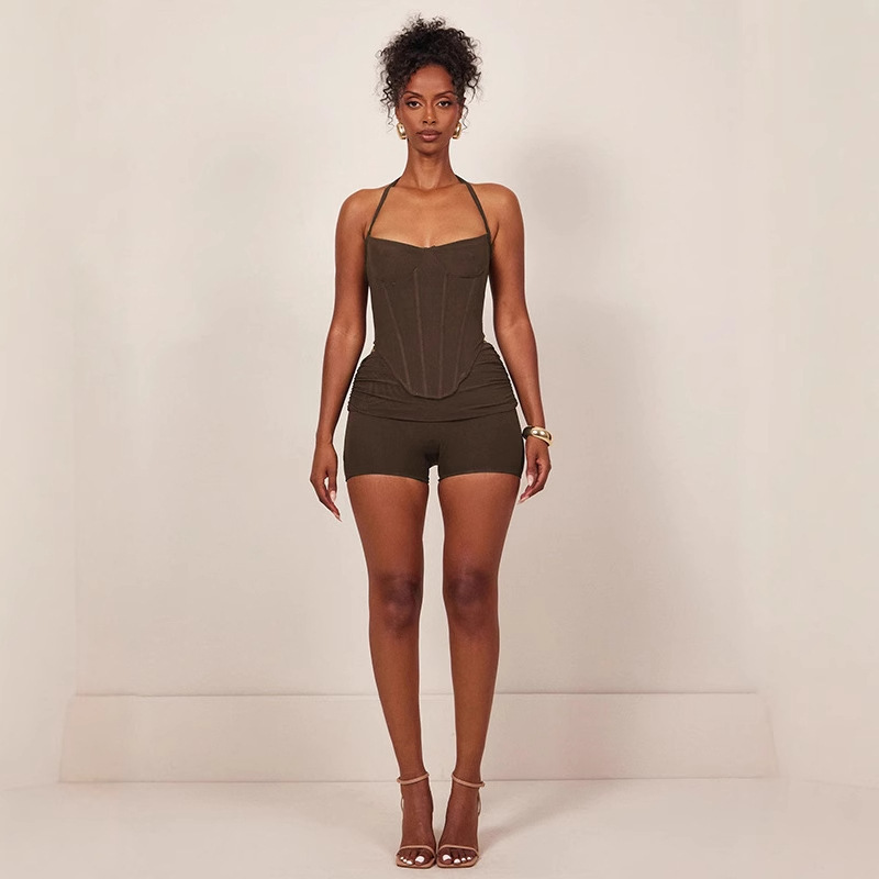 2024 Winter New Elegant Cool Low-cut Waist Irregular Tie-neck Top Tight Shorts Two-piece Set