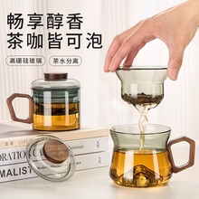 带盖带把手中式茶杯茶水分离玻璃咖啡杯泡茶杯办公室水杯喝茶杯子