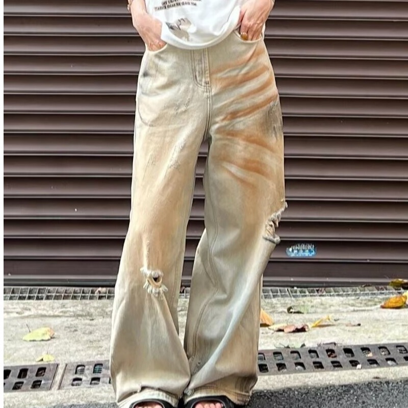 Source American retro distressed washed yellow mud jeans men's bf lazy wind 2025 spring waste soil hole mopping pants