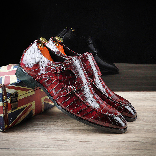 2023 Spring New Leather Shoes Men's Business Pointed Leather Shoes Crocodile Pattern Leather Shoes Men's Side Buckle Cas