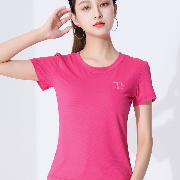 Square Dance Sports Clothing Round Neck Short-Sleeved Tops Mom Running Aerobics Quick-Drying T-Shirt Summer Rose Red Dance Clothing