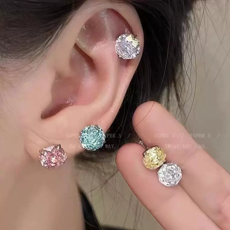 「千嬉玫瑰」爆闪玫瑰切8mm锆石耳骨钉医用钛钢养耳洞平底堵抗敏