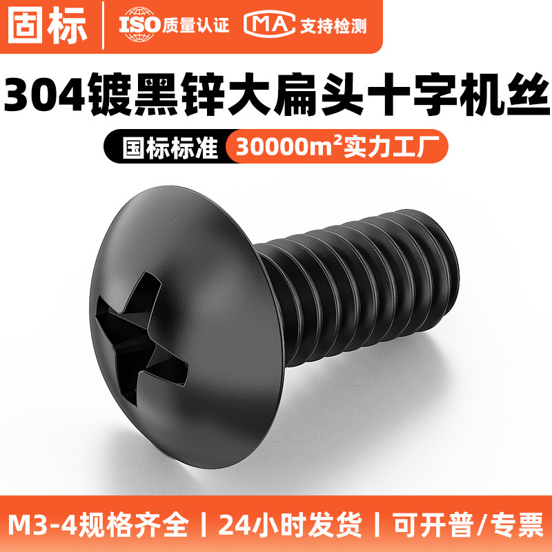 304 Stainless Steel Black Zinc Plated Cross Large Umbrella Head Machine Screw M3-M5 Black Tm Cross Large Flat Head Screw