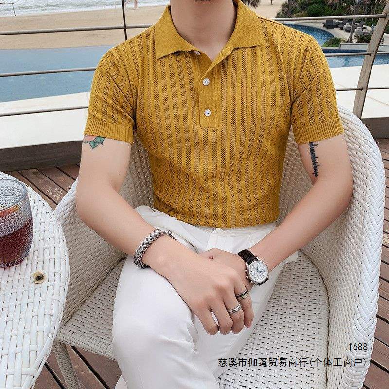Men's short-sleeved V-neck t-shirt, new Korean style, slim fit, breathable knitwear, base layer, British casual hollow-out T-shirt