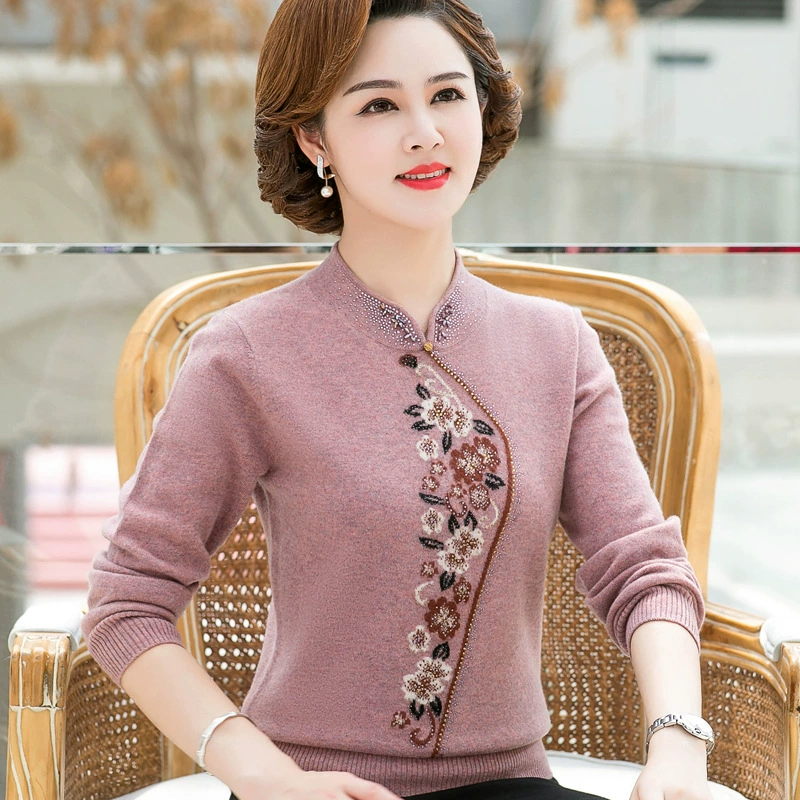 Осенний свитер из чистой шерсти для матери 100, Базовая рубашка для женщин среднего возраста, весна-осень-зима, шерстяной свитер для бабушек среднего и пожилого возраста