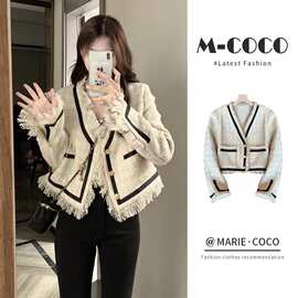 秋冬新款撞色编织流苏设计感小香风气质长袖外套上衣女学生潮