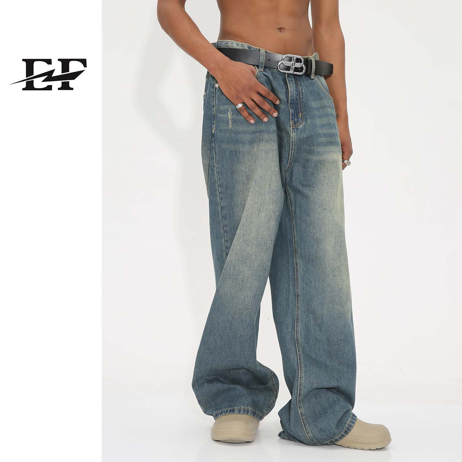 EF Cowboy | Pantalones vaqueros desgastados para hombre, pantalones anchos y holgados lavados, estilo retro, sencillo y versátil