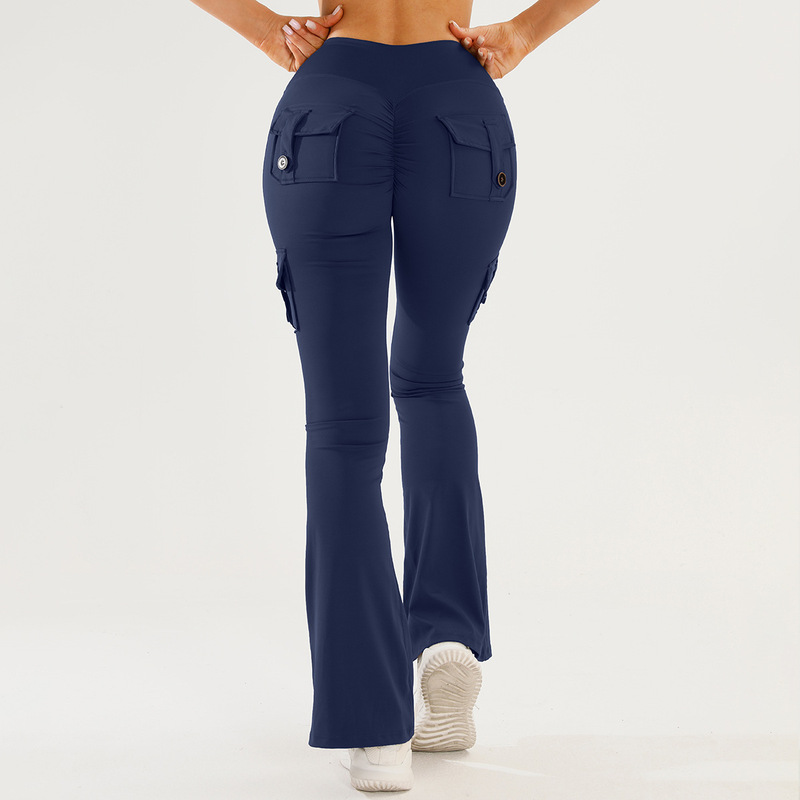 欧美跨境工装口袋瑜伽裤女提臀运动健身紧身喇叭裤瑜伽服休闲|undefined