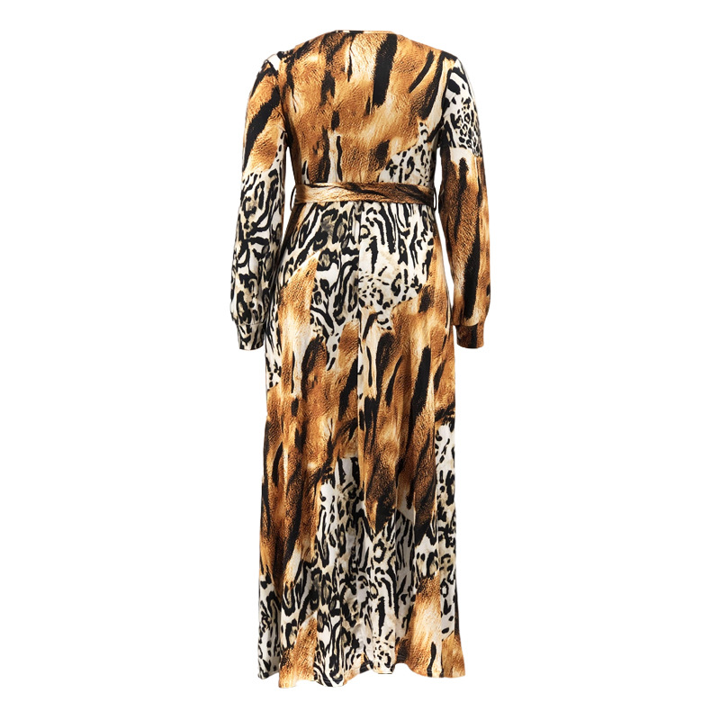 Casual Leopard V Neck Long Sleeve Rib-Knit Polyester Plus Size Maxi Long Dress Swing Dress