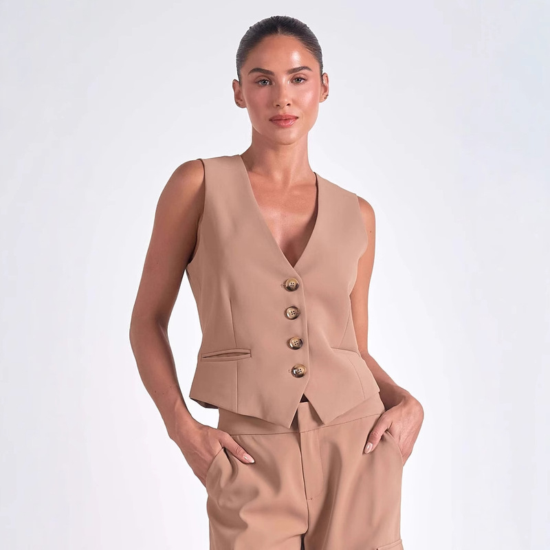 Fashion V-Neck Vest Casual Jacket Women's Solid Color Sleeveless Vest Suit Outer Wear 2025 Europe and America Cross-border Amazon Fashion V-Neck Vest Casual Jacket Women's Solid Color Sleeveless Vest Suit Outer Wear 2025 Europe and America Cross-border Amazon