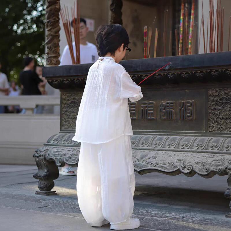 男の子の新しい中国風唐スーツ夏服子供服新しい子供中国風漢服子供ベビー薄いシャツスーツ|undefined
