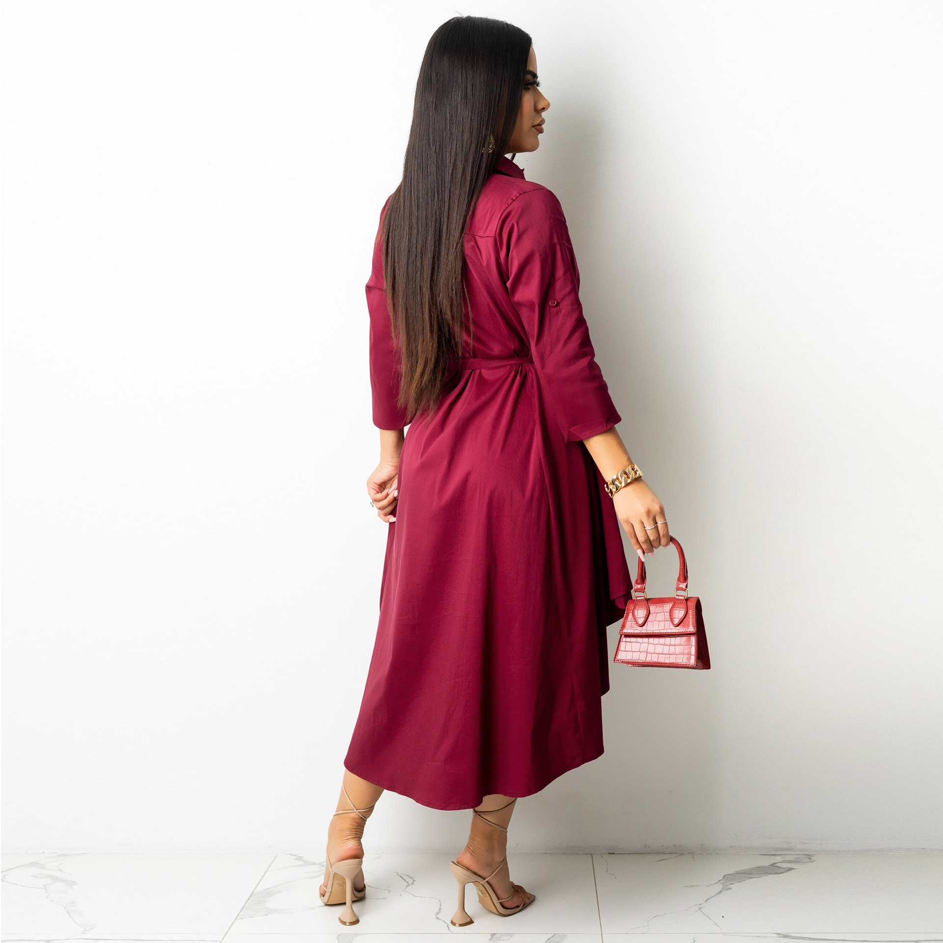 Autumn Winter Irregular Asymmetric Half Sleeve Long Shirt Dress