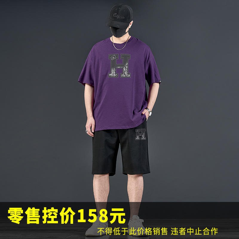74233-Suit Link-Large H Pattern Word G705-Black-701 Short T-Black-785 Pants Set Casual Men's Clothing