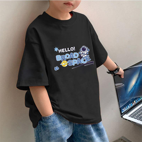 2104# Boys' Summer T-Shirt Short Sleeve Round Neck Loose Astronaut Print Summer Outfit Medium and Large Size Top