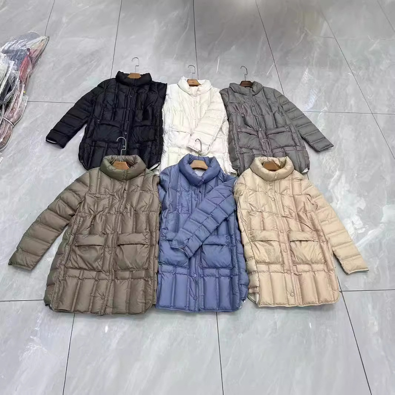Cross-border Autumn and Winter New Seamless Adhesive Drill-proof Down Jacket Women's Lightweight Mid-length Warm Jacket with Vertical Collar