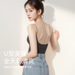 春夏の薄いショルダーストラップ、大きな背中の開いたホットガールキャミソール、女性の美しい背中、スリムフィットインナー、胸ストラップと胸パッド付きレディーストップス