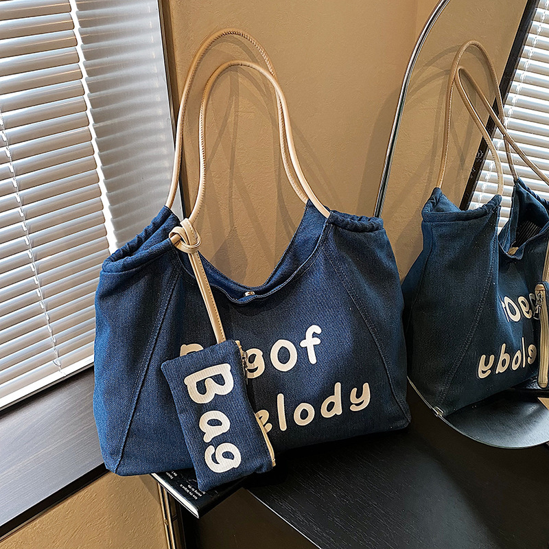 Korean Style Dongdaemun Stripesd Printed Denim Bag Large Capacity Commuter Mommy Shopping Bag Canvas Shoulder Bag for Women