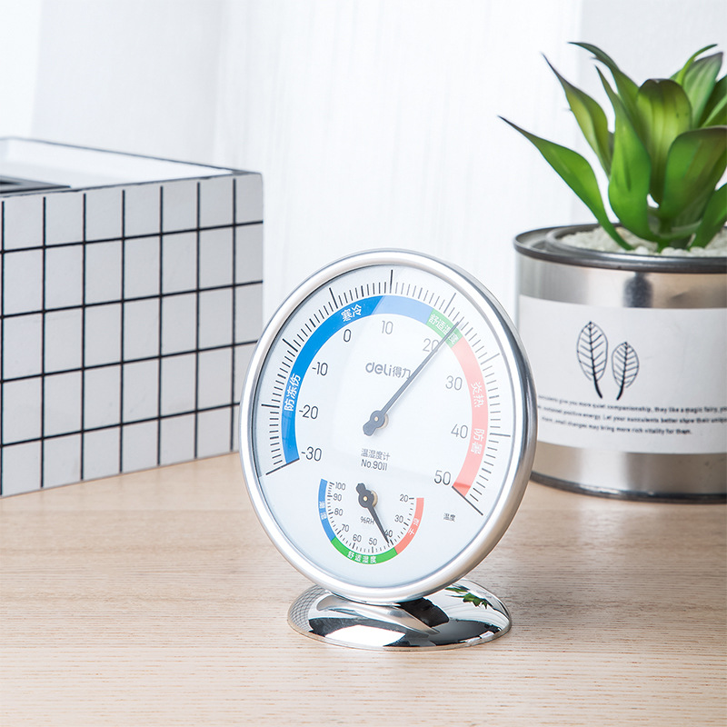 得力9011温度计/温湿度计台挂两用家用 免电池大表盘中号办公用品