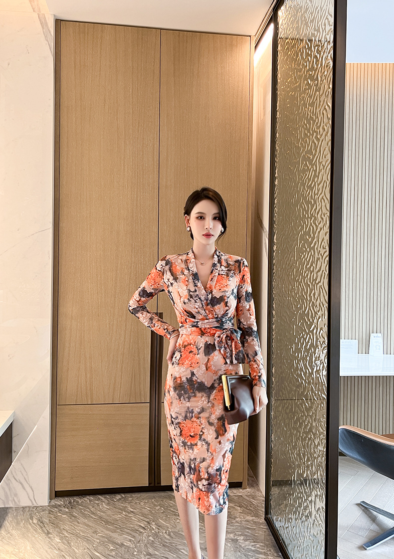 Đầm ôm body nữ dáng dài họa tiết hoa cổ điển thắt eo — Màu cam chi tiết 5