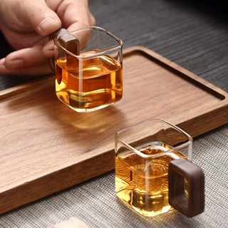 定制四方玻璃对杯玻璃小茶杯高硼硅加厚带把待客胡桃木手柄品茗杯