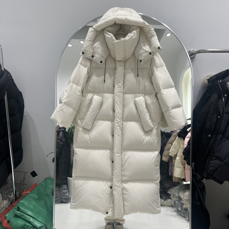 Women's long over-the-knee hooded down jacket 2024 Winter new Korean style loose large quilt white duck down thickened coat Women's long over-the-knee hooded down jacket 2024 Winter new Korean style loose large quilt white duck down thickened coat