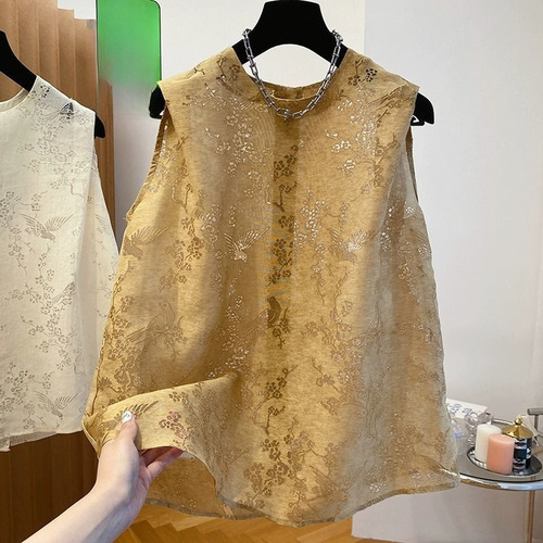 Women's 2025 New Luxury Linen Ramie Sleeveless Top with Lace and Embroidery, Stylish and Fashionable Tank Top