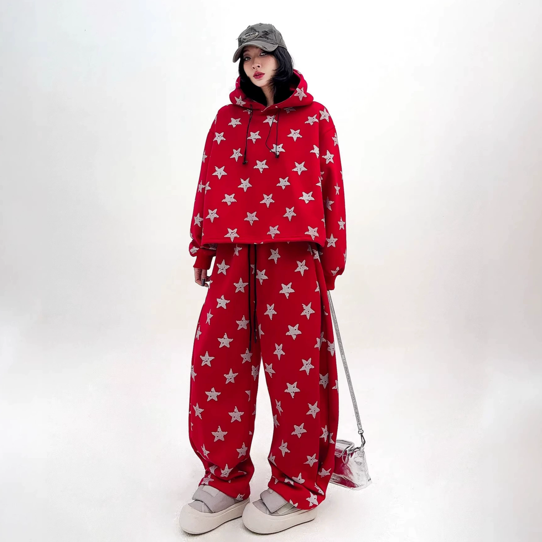 美式时尚套装别致星星满印连帽卫衣弯刀抽绳卫裤女春秋宽松两件套