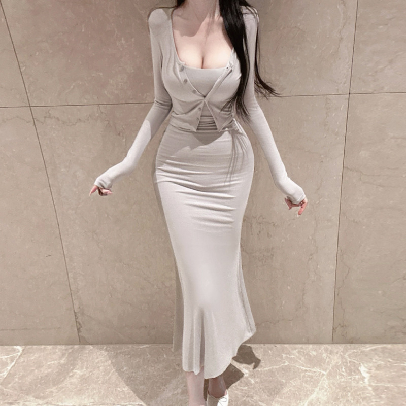 韩国东大门时尚套装性感女人味吊带连衣裙+长袖小开衫两件套女士