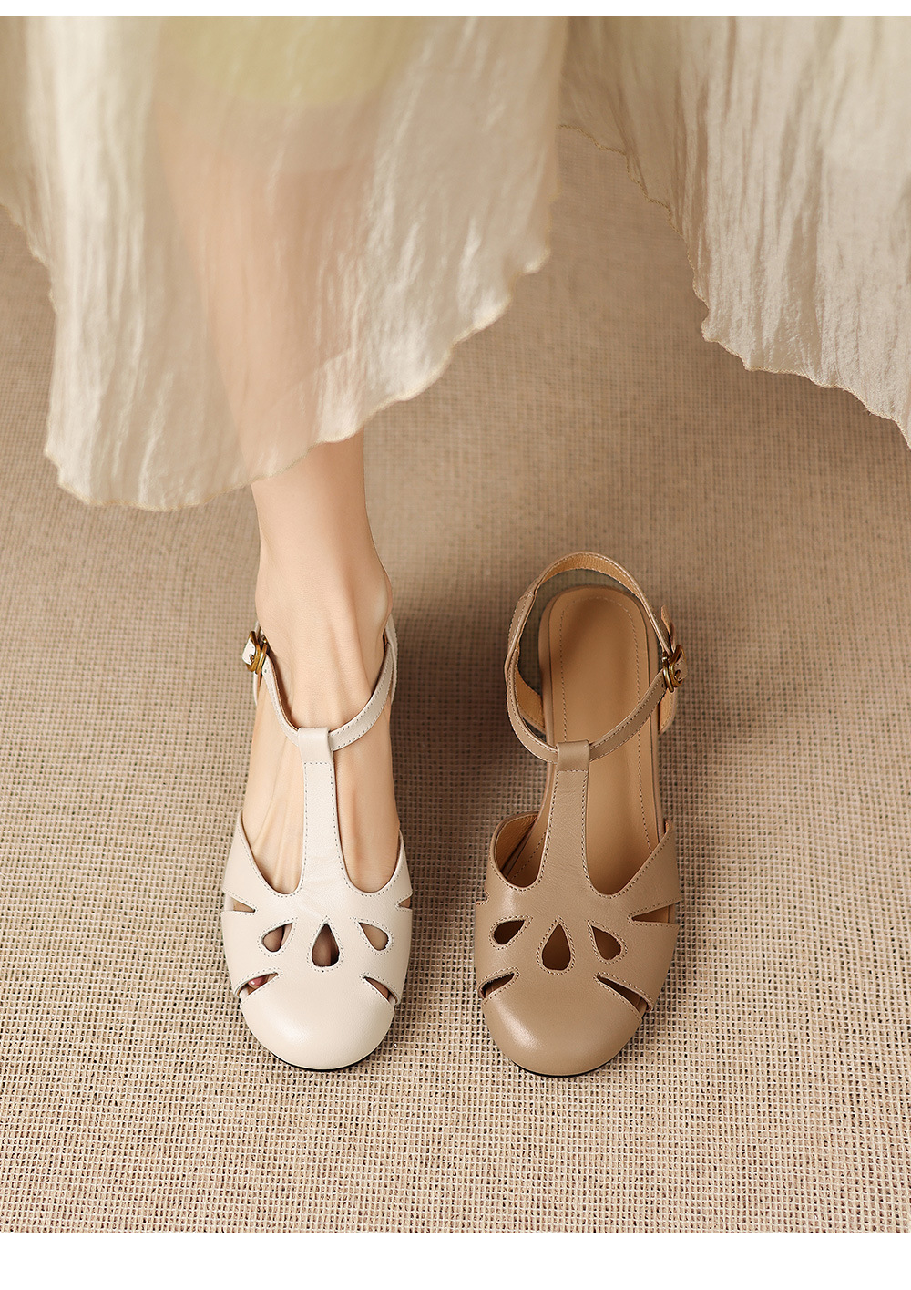 Sandal nữ quai chữ T mũi kín gót nêm cao 5 cm — màu be chi tiết 2