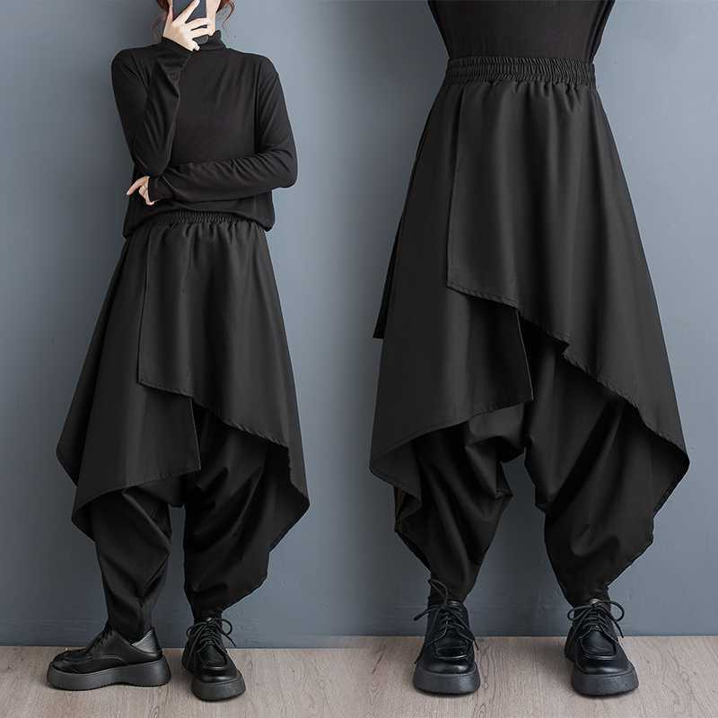 Real shot 2023 autumn and winter new wide-leg pants dark multi-layer large crotch cropped pants versatile trendy casual pants skirt
