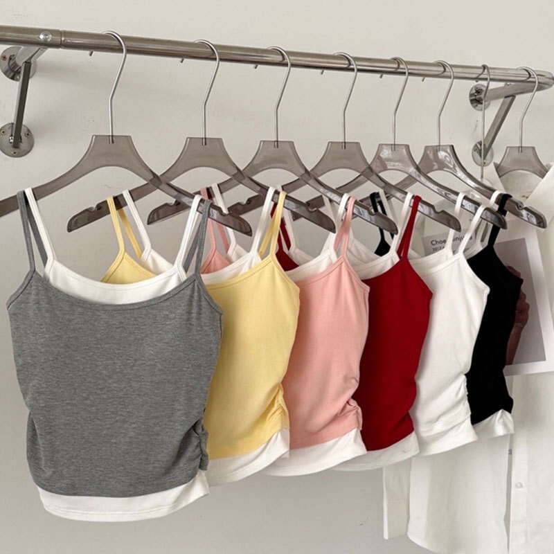 Fake Two-Piece Contrasting Color Pleated Camisole for Women with Breast Pads, Sports Slim Outer Wear, Sexy Pure Lust Style Sleeveless Top