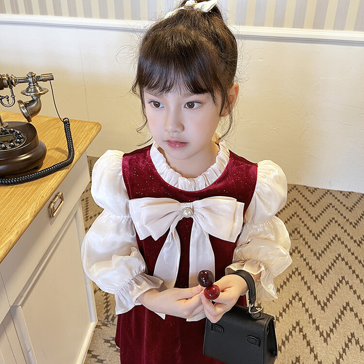 Girls' Spring and Autumn Long sleeved High end 2023 Western style Hepburn Small Fragrance Bow Bubble Sleeve Dress_voghion.com